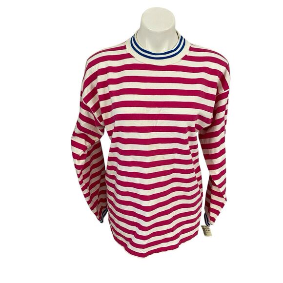 SK Sport Sweatshirt Womens Medium Vintage 1980s Pink Stripe Classic Hipster - Picture 6 of 16